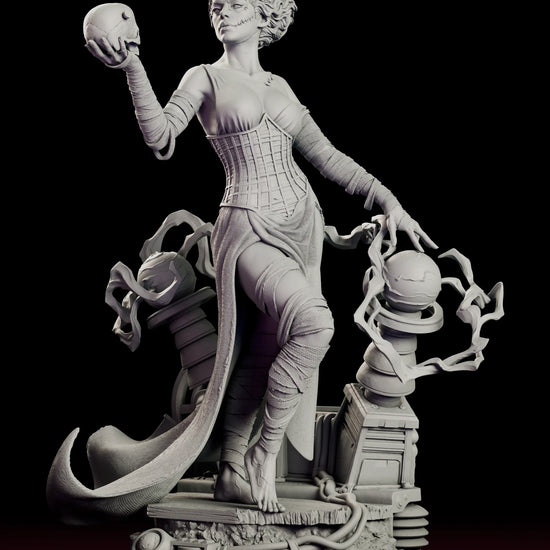 Rotating 360 degree view of the Bride of Frankenstein figure model kit, showing the towering waved hair, stitched face, corseted gown and trailing bandages as she stands barefoot on a riveted laboratory base flanked by two Tesla coils arcing with sculpted electricity