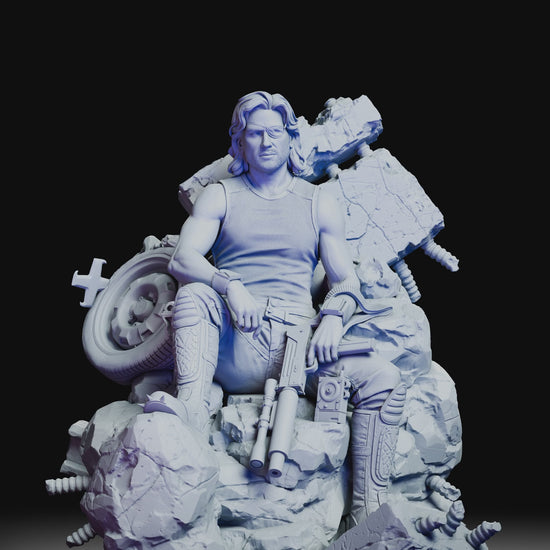 360-degree turntable view of the Snake Plissken resin model kit showcasing full sculpt details, cinematic pose, and textured urban base