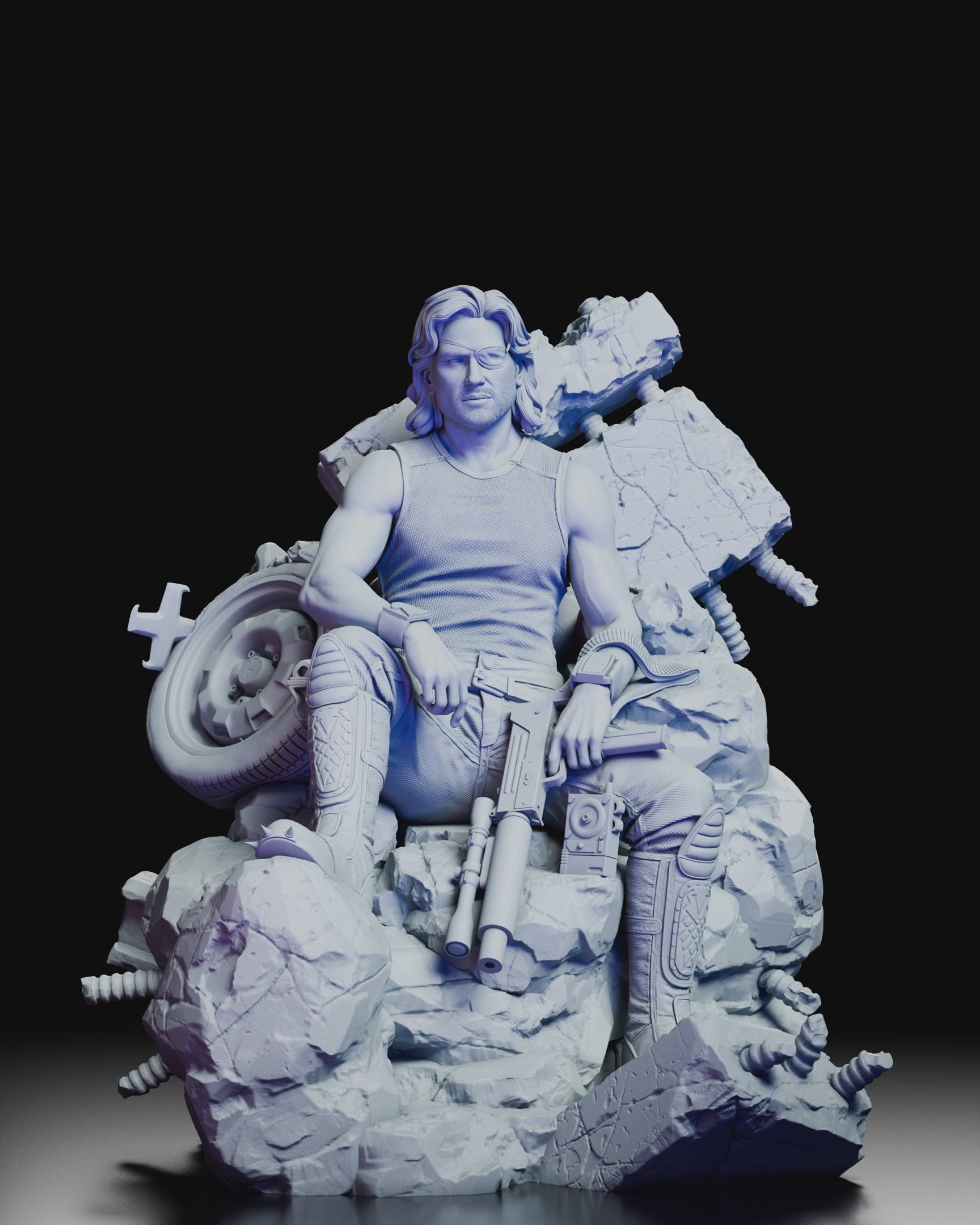 360-degree turntable view of the Snake Plissken resin model kit showcasing full sculpt details, cinematic pose, and textured urban base