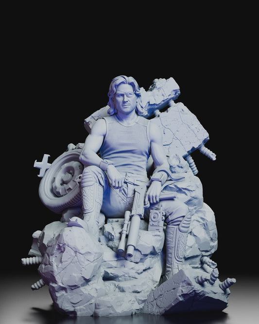360-degree turntable view of the Snake Plissken resin model kit showcasing full sculpt details, cinematic pose, and textured urban base