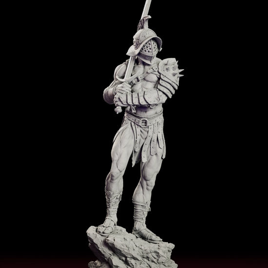 Rotating view of the Roman gladiator figure model kit showing the crested helmet, armoured sword arm and upright blade on a broken rock base