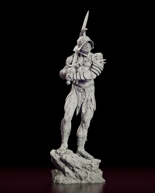 Rotating view of the Roman gladiator figure model kit showing the crested helmet, armoured sword arm and upright blade on a broken rock base