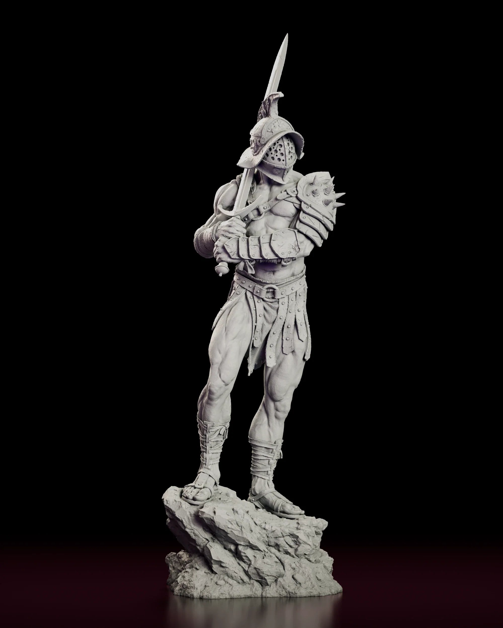 Rotating view of the Roman gladiator figure model kit showing the crested helmet, armoured sword arm and upright blade on a broken rock base
