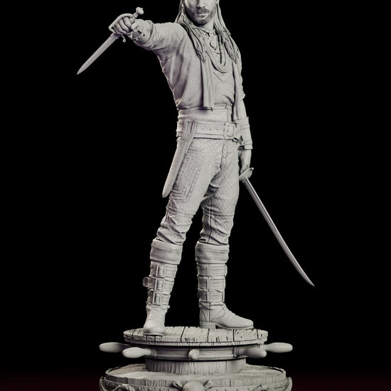 Rotating 360 degree view of the Charles Vane figure model kit, standing on a ship's wheel and barrel capstan base with a dagger held out and a cutlass lowered at his side
