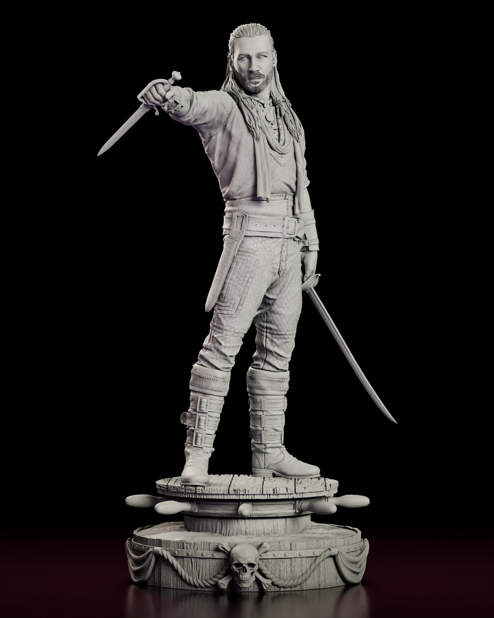Rotating 360 degree view of the Charles Vane figure model kit, standing on a ship's wheel and barrel capstan base with a dagger held out and a cutlass lowered at his side