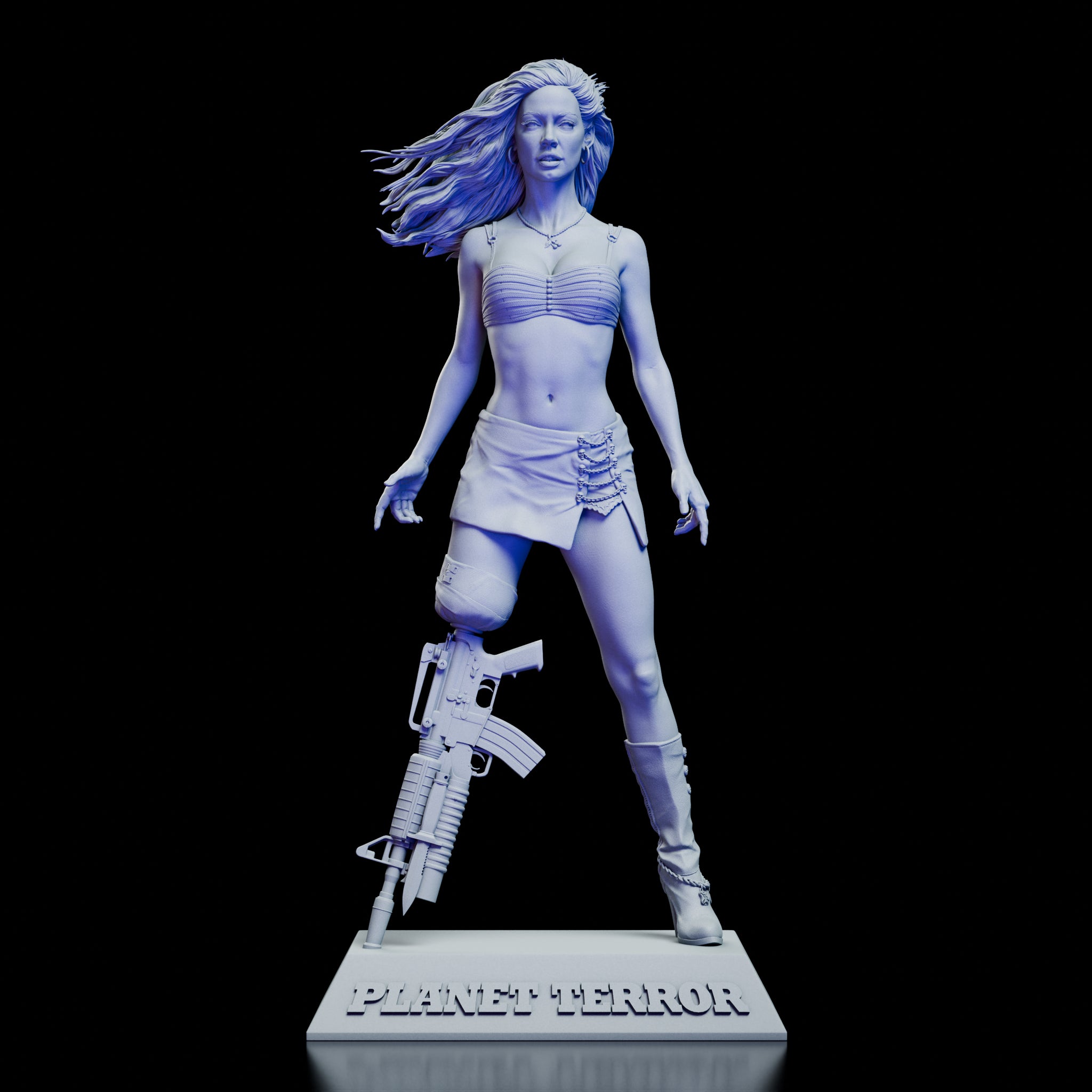 360 degree turntable video of Cherry Darling maquette from Planet Terror, showing full sculpt with weaponized prosthetic leg, dynamic pose, and detailed costume