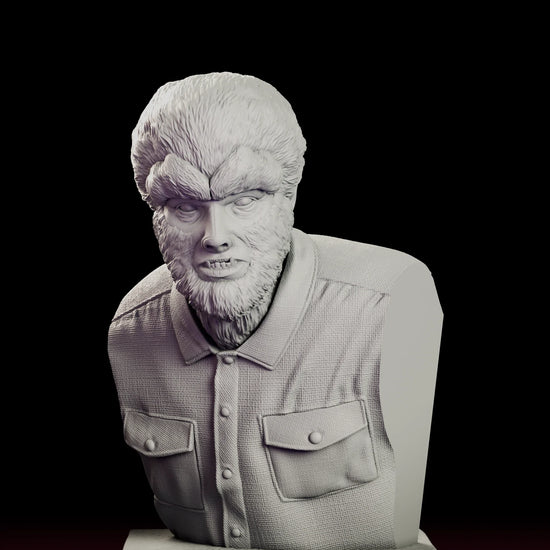 Rotating 360 degree view of the Classic Wolfman Portrait Bust figure model kit, showing the snarling werewolf head above a collared work shirt on a stepped rectangular plinth