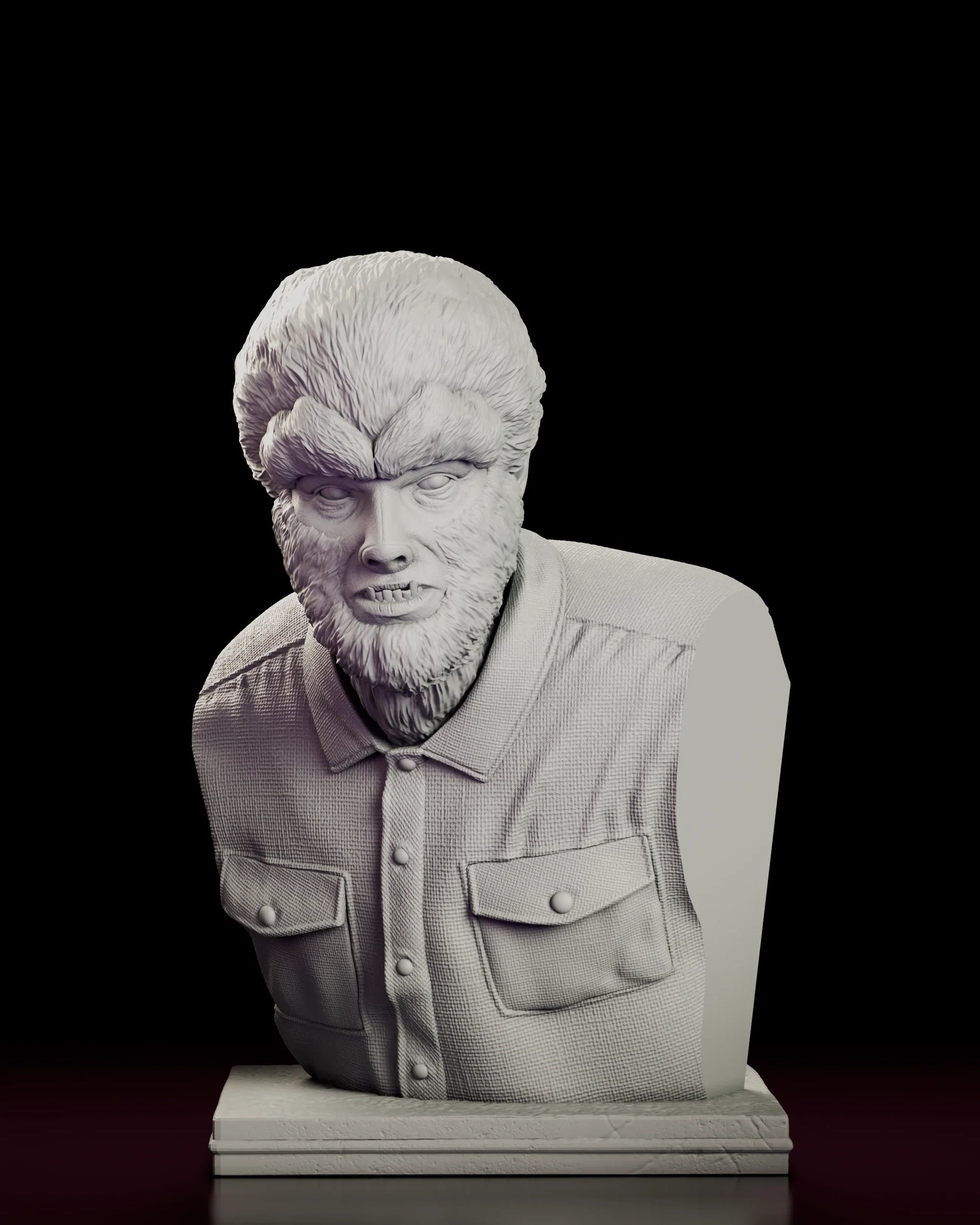 Rotating 360 degree view of the Classic Wolfman Portrait Bust figure model kit, showing the snarling werewolf head above a collared work shirt on a stepped rectangular plinth