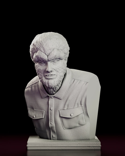 Rotating 360 degree view of the Classic Wolfman Portrait Bust figure model kit, showing the snarling werewolf head above a collared work shirt on a stepped rectangular plinth