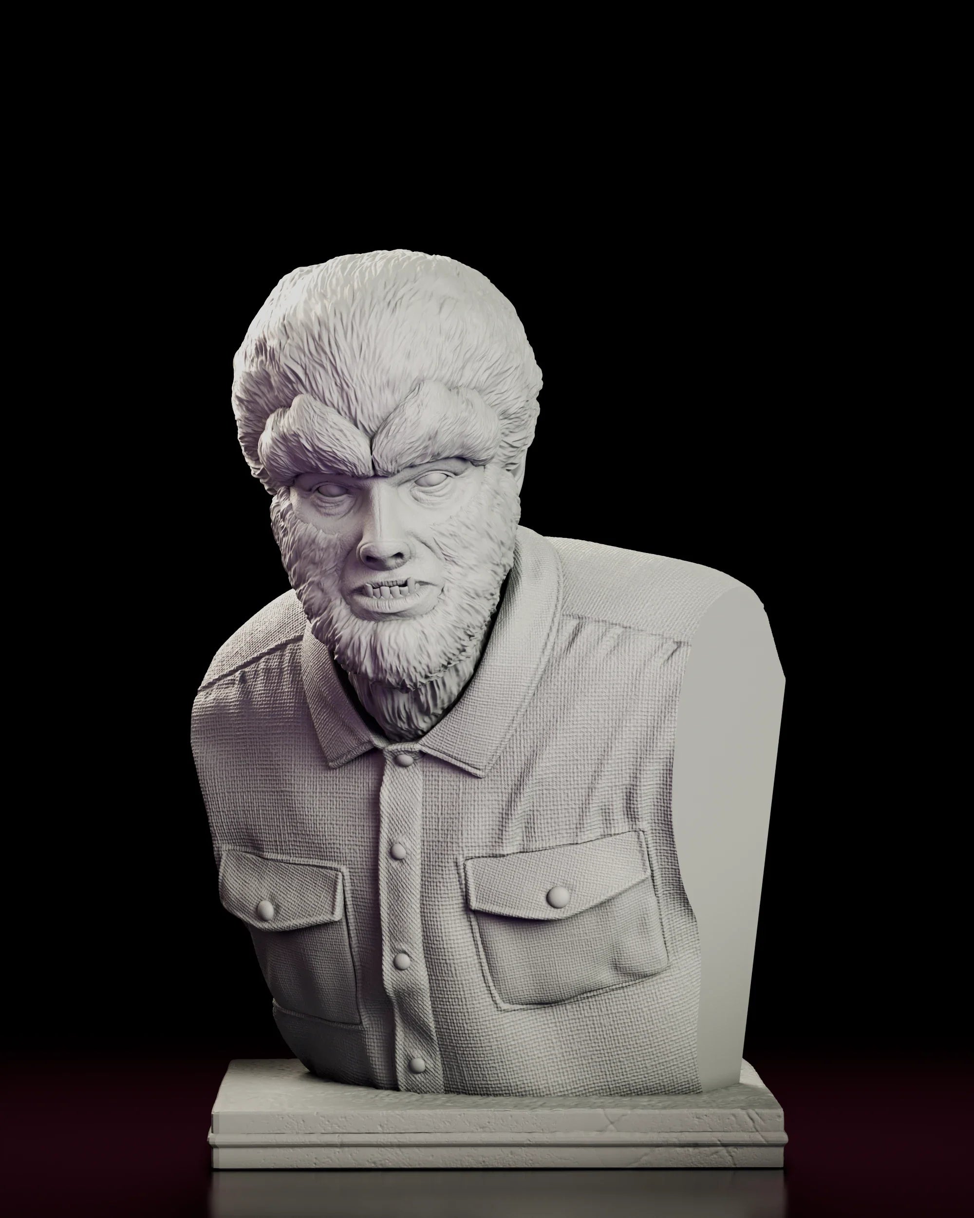 Rotating 360 degree view of the Classic Wolfman Portrait Bust figure model kit, showing the snarling werewolf head above a collared work shirt on a stepped rectangular plinth