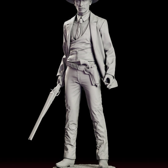 Rotating view of the Colonel Douglas Mortimer figure model kit, a moustached gunfighter in a flat-brimmed hat and long frock coat holding a carbine at his side on a plain round base