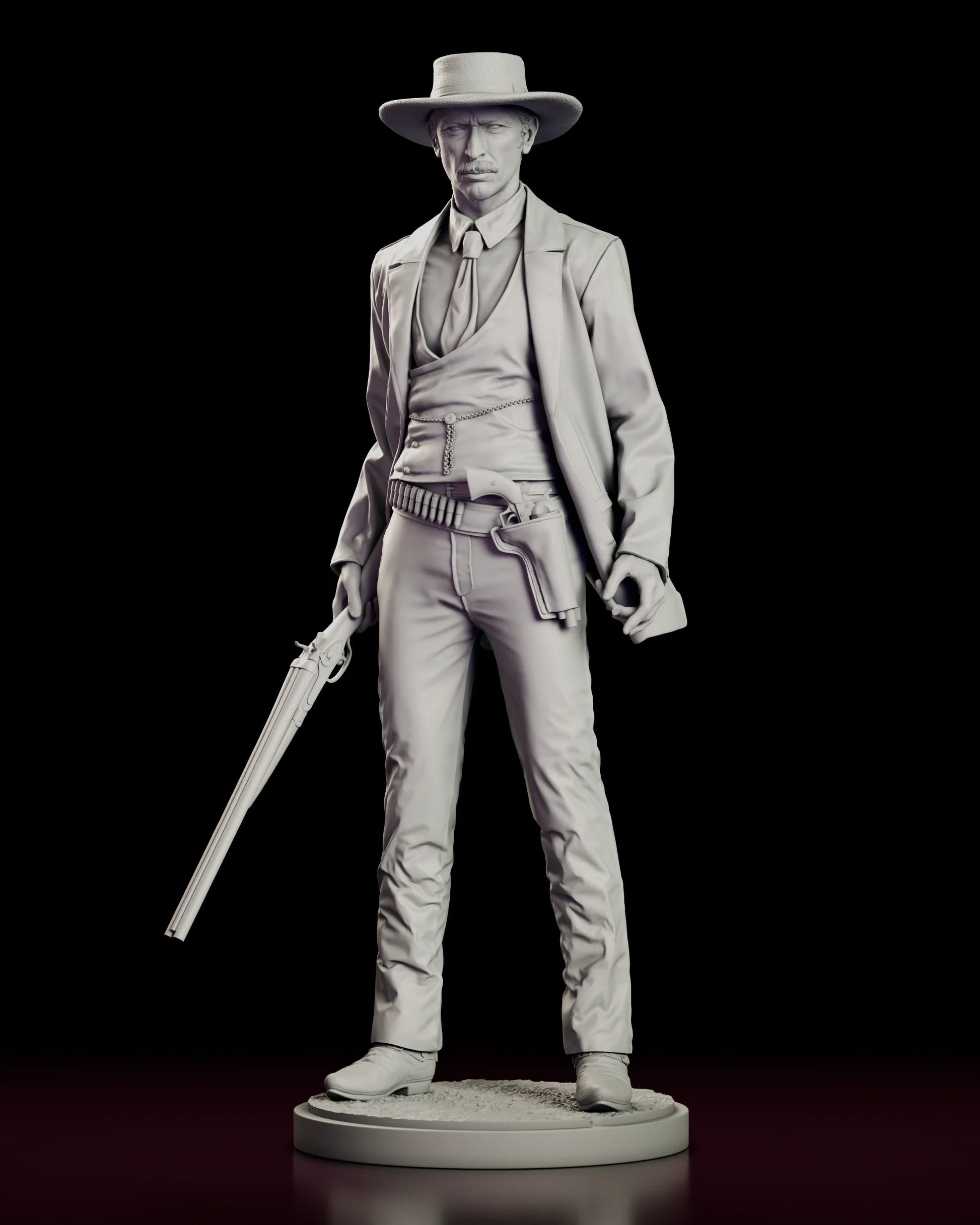 Rotating view of the Colonel Douglas Mortimer figure model kit, a moustached gunfighter in a flat-brimmed hat and long frock coat holding a carbine at his side on a plain round base