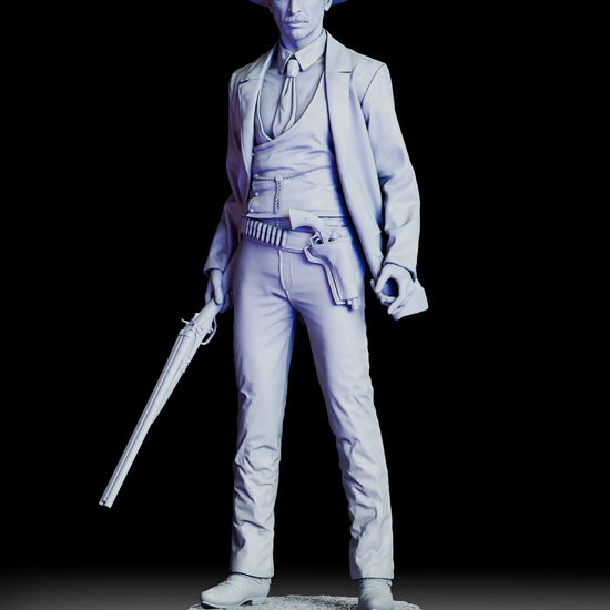 360 degree turntable view of Colonel Douglas Mortimer western bounty hunter figure model kit showcasing the full sculpt including rifle, holster, coat details, and stern gunslinger portrait