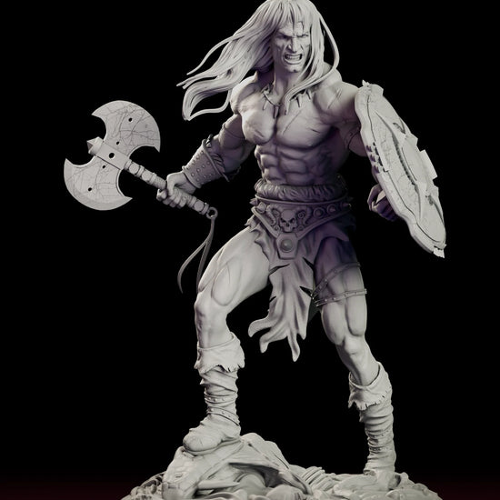 Rotating 360 degree view of the Conan the Cimmerian figure model kit showing the barbarian mid-stride with a double-bladed axe, a battered shield and a fallen scaled beast beneath his boot on a rocky base