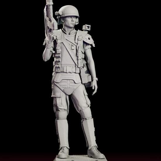 Rotating view of the Corporal Hicks figure model kit showing the Colonial Marine standing at ease with his rifle shouldered on a bevelled deck-plate base