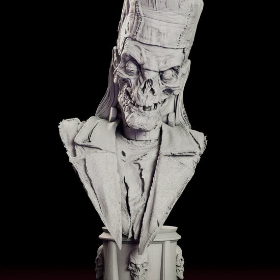Turntable video of the Crypt Keeper Costumed Bust Frankenstein figure model kit showing the Crypt Keeper dressed as Frankenstein's Monster on a skull-ringed pedestal