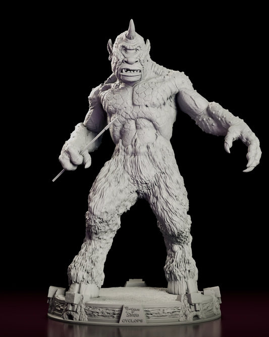 A 360 degree turntable view of the Cyclops figure model kit, showing the horned single-eyed giant braced mid-stride on a ruined stone base with a spear in one hand