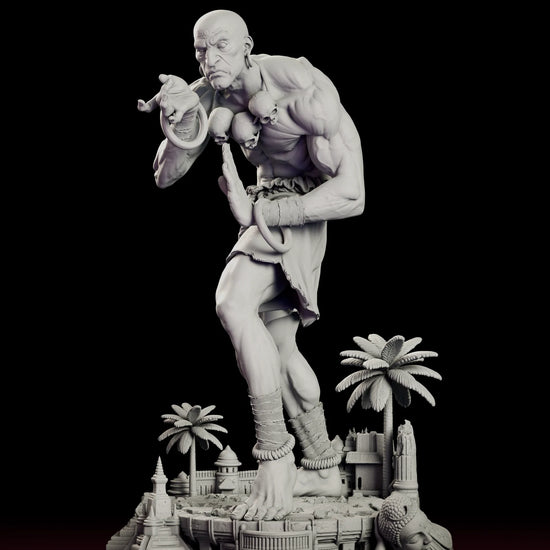 Rotating view of the Dhalsim - Street Fighter figure model kit, a lean bald yogi in a ragged cloth wrap and skull cord holding a deep stance on a ruined temple city base with palm trees and a toppled carved head