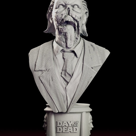 Rotating view of the Doctor Tongue bust figure model kit, a suited zombie with an exposed jaw and a long lolling tongue on a cylindrical plinth with raised film-title lettering