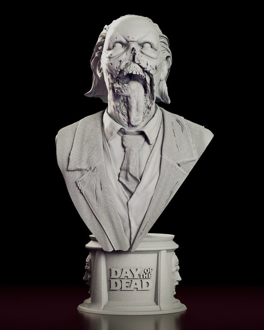 Rotating view of the Doctor Tongue bust figure model kit, a suited zombie with an exposed jaw and a long lolling tongue on a cylindrical plinth with raised film-title lettering