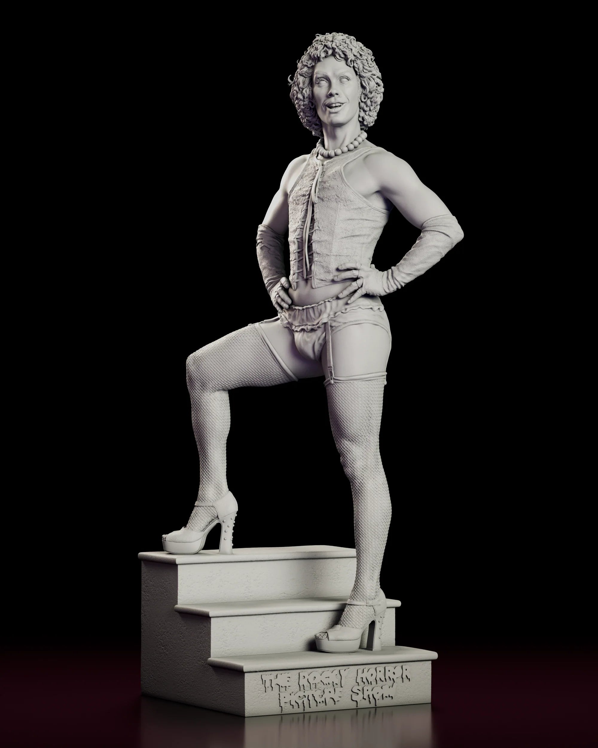 Rotating view of the Dr. Frank-N-Furter figure model kit posed with one heel up on a staircase base carved with the film logo
