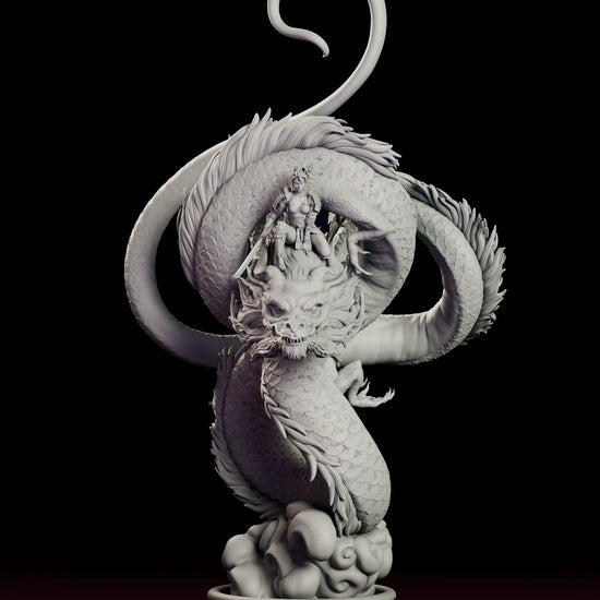 Rotating 360 degree view of the Ember Rider figure model kit, showing the eastern dragon coiled in a full loop with its tail curling above, the armoured swordswoman kneeling on its brow and the carved cloud plume rising from the round base