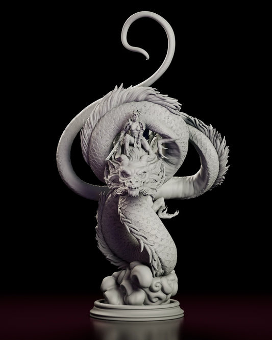 Rotating 360 degree view of the Ember Rider figure model kit, showing the eastern dragon coiled in a full loop with its tail curling above, the armoured swordswoman kneeling on its brow and the carved cloud plume rising from the round base