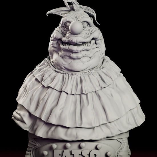 Full 360 degree turntable of the Fatso bust figure model kit, showing the jowled clown head above a three-tiered ruffle collar on a drum plinth