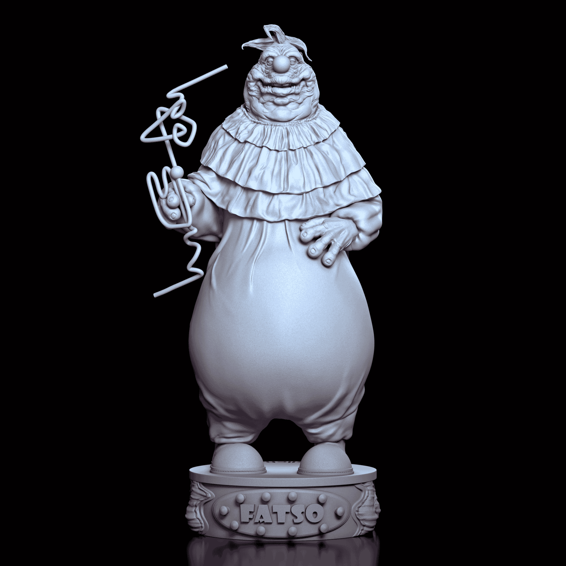 360-degree view of Fatso maquette from Killer Klowns, showing full costume detail, clownish proportions, and twisted weapon on a textured base