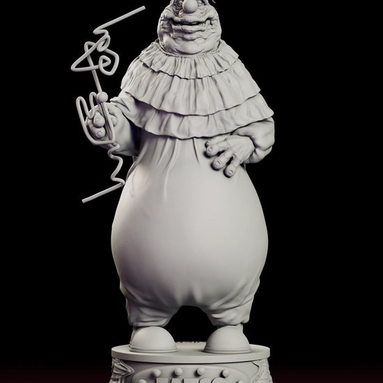 Full 360 degree turntable of the Fatso figure model kit, showing the enormous clown in a tiered ruffle collar holding a looping Krazy Straw above a lettered plinth