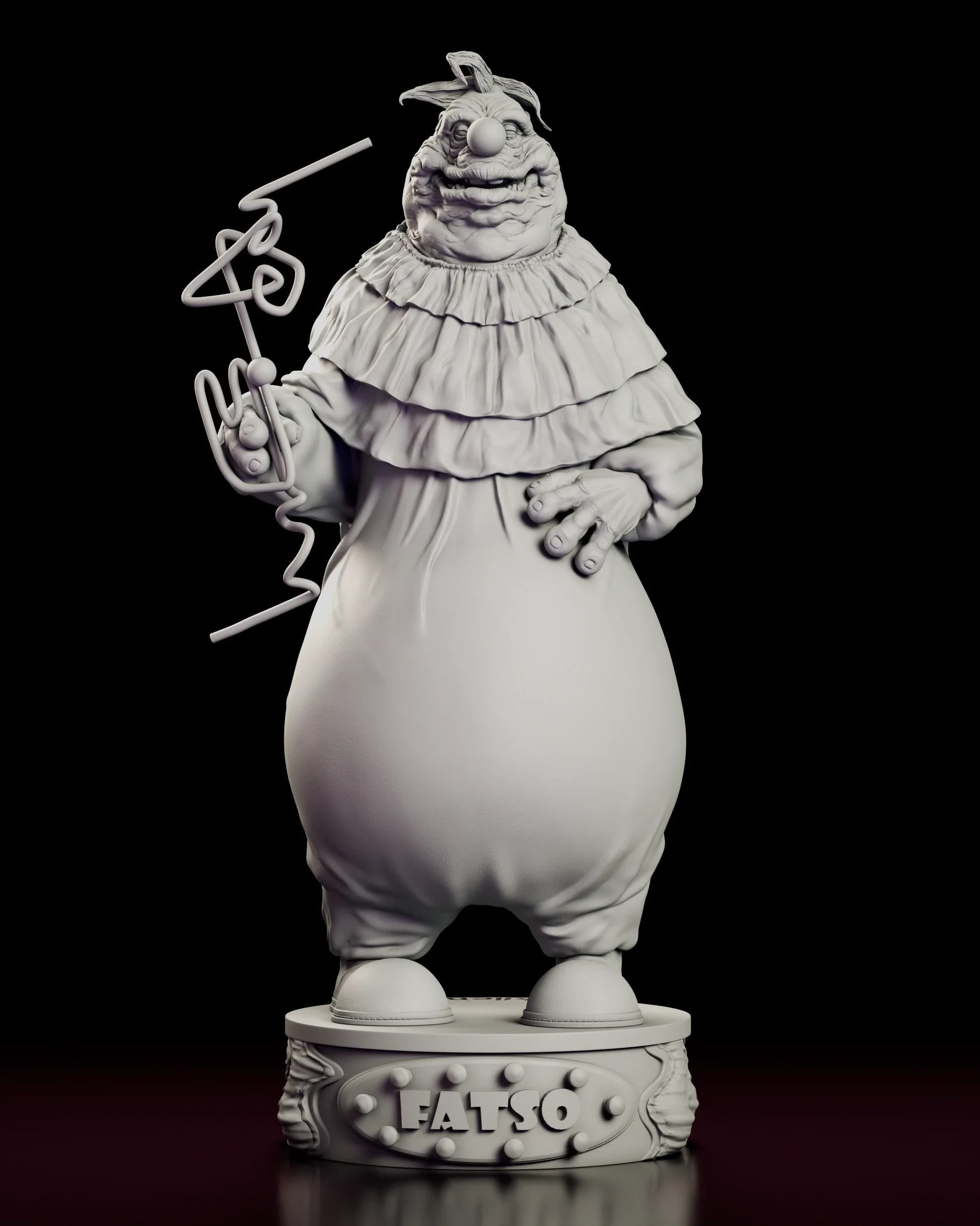 Full 360 degree turntable of the Fatso figure model kit, showing the enormous clown in a tiered ruffle collar holding a looping Krazy Straw above a lettered plinth