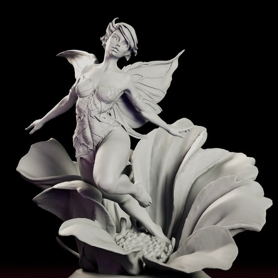 Rotating 360 degree view of the Flower Fairy figure model kit showing the winged fairy stepping out of an open blossom with her arms spread wide