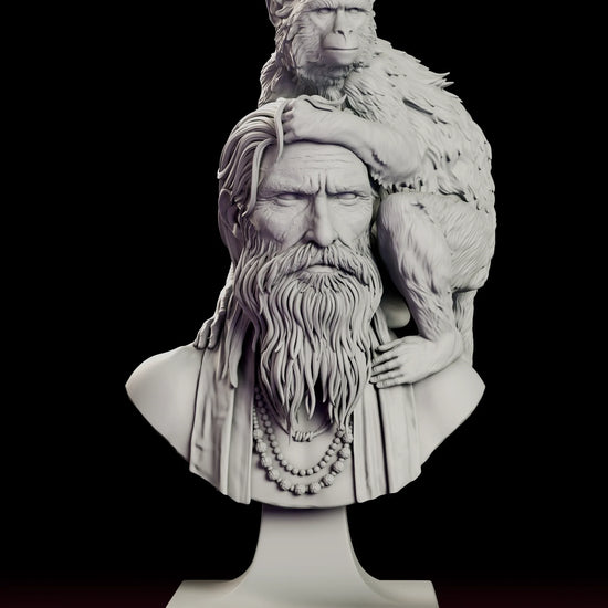 Rotating view of the Girish and Bandar figure model kit bust, a bearded old ascetic in a draped robe and prayer beads with a long-tailed monkey perched across his shoulders on a classical pedestal
