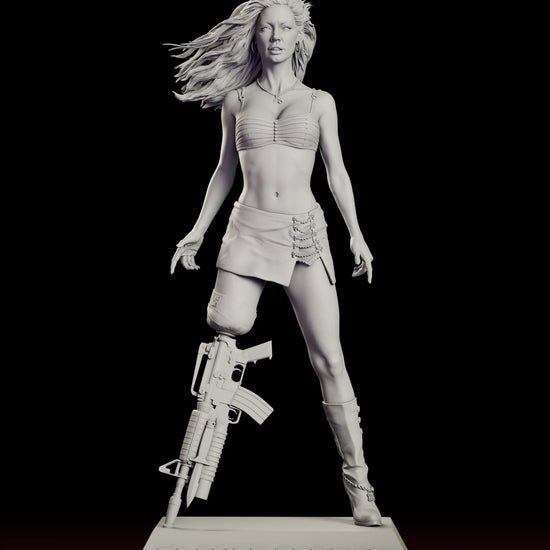 Full 360 degree turntable of the Go-Go Gunslinger Cherry Darling figure model kit, showing her mid-stride on a lettered plinth with an assault rifle prosthetic in place of her right leg