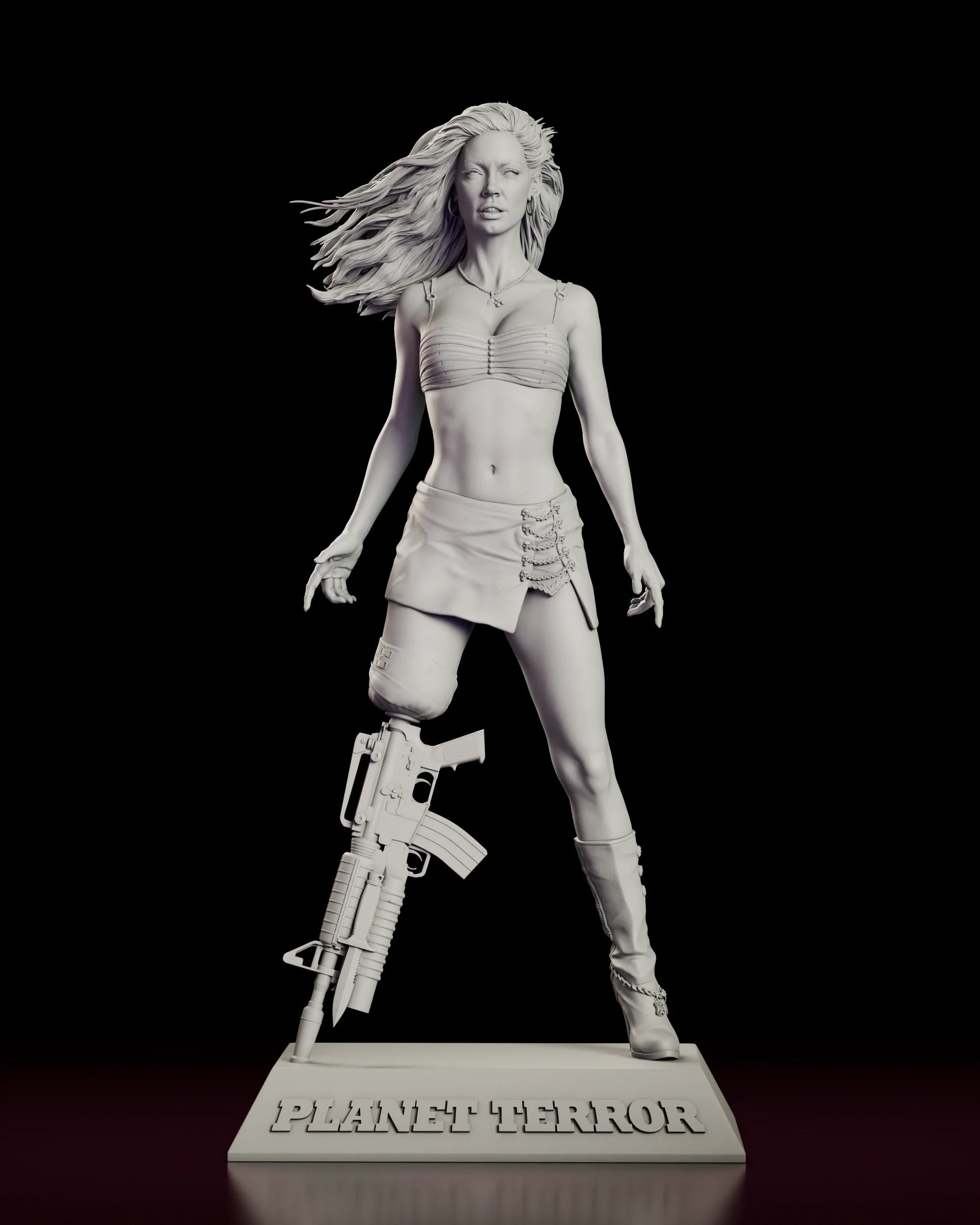 Full 360 degree turntable of the Go-Go Gunslinger Cherry Darling figure model kit, showing her mid-stride on a lettered plinth with an assault rifle prosthetic in place of her right leg