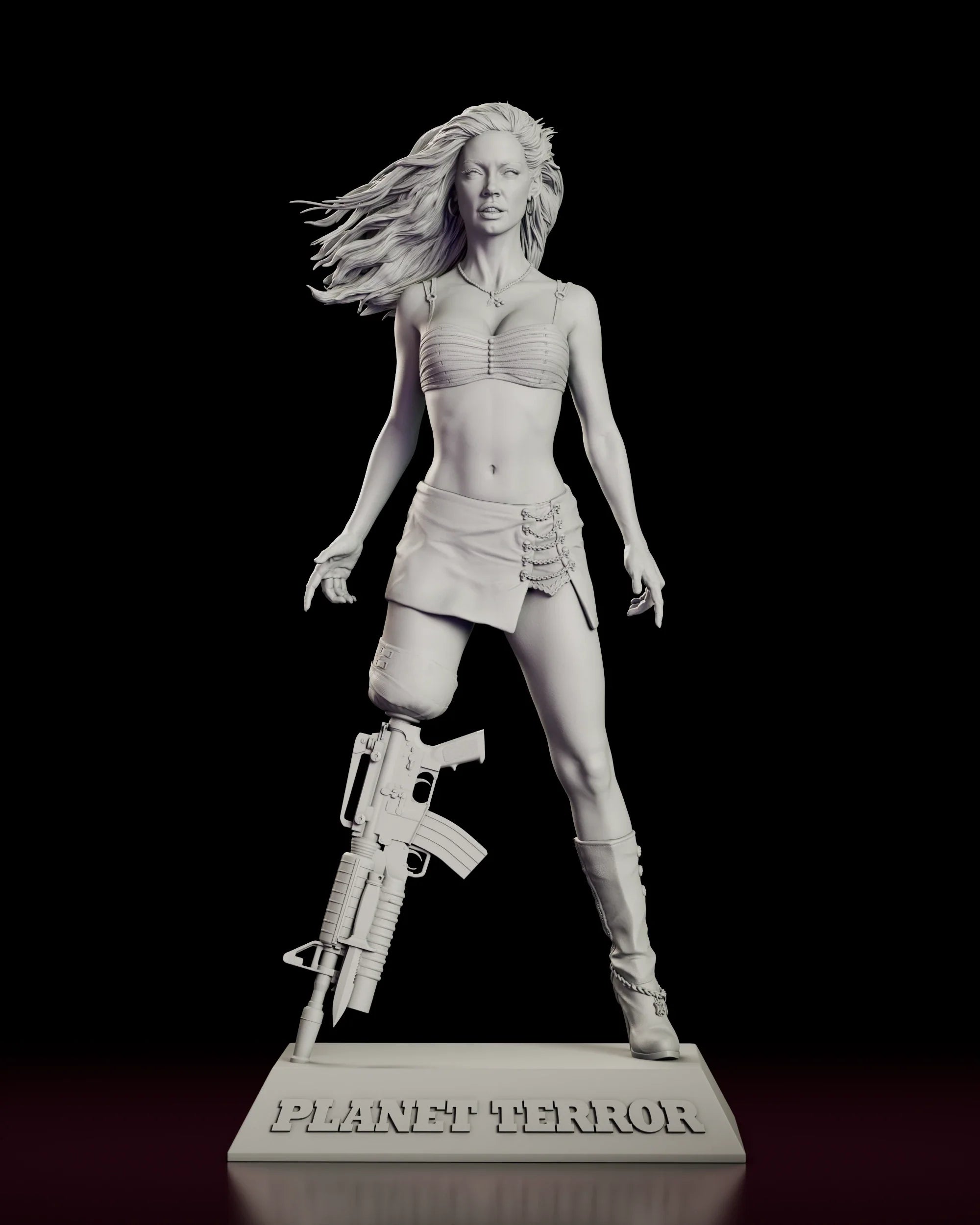 Full 360 degree turntable of the Go-Go Gunslinger Cherry Darling figure model kit, showing her mid-stride on a lettered plinth with an assault rifle prosthetic in place of her right leg