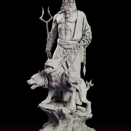 Turntable video of the Hades The Unseen King figure model kit showing the god holding a forked staff and the chains of three-headed Cerberus on a rocky base