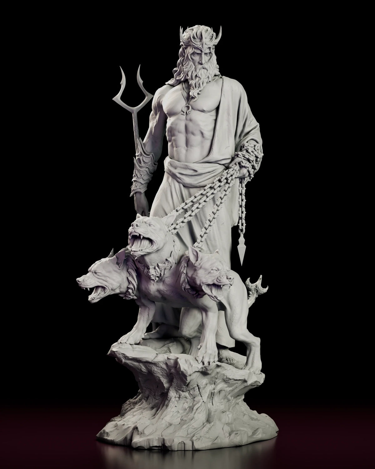 Turntable video of the Hades The Unseen King figure model kit showing the god holding a forked staff and the chains of three-headed Cerberus on a rocky base