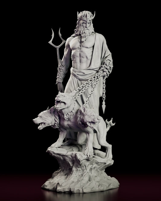 Turntable video of the Hades The Unseen King figure model kit showing the god holding a forked staff and the chains of three-headed Cerberus on a rocky base