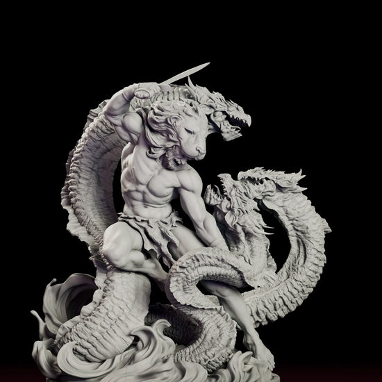 Turntable video of the Heracles The Hydra's Bane figure model kit showing the hero in a lion-skin hood fighting the many-headed Hydra on a wave base