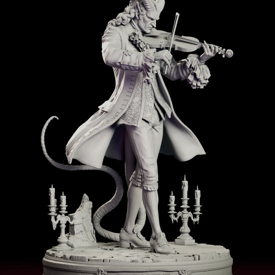 Rotating view of the Il Virtuoso - Paganini figure model kit, a horned and tailed violinist in an embroidered eighteenth-century coat playing mid-stride on a cracked stone base flanked by two candelabras