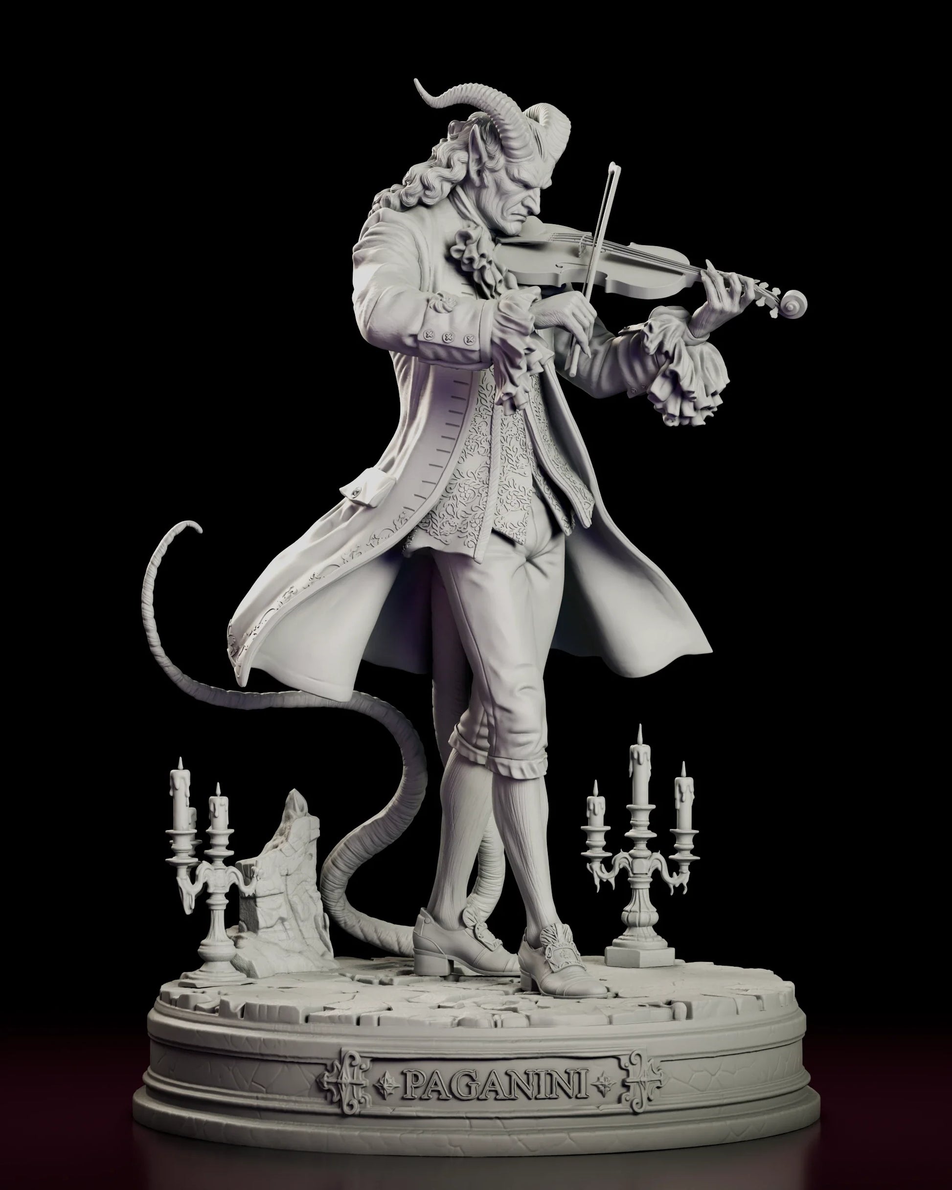 Rotating view of the Il Virtuoso - Paganini figure model kit, a horned and tailed violinist in an embroidered eighteenth-century coat playing mid-stride on a cracked stone base flanked by two candelabras
