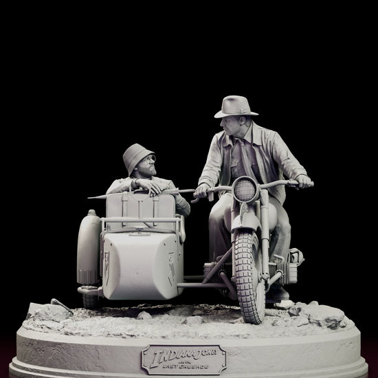 Rotating 360 degree view of the Indiana Jones motorcycle chase figure model kit, with Indiana at the handlebars and Henry Jones Senior in the sidecar on a broken road base