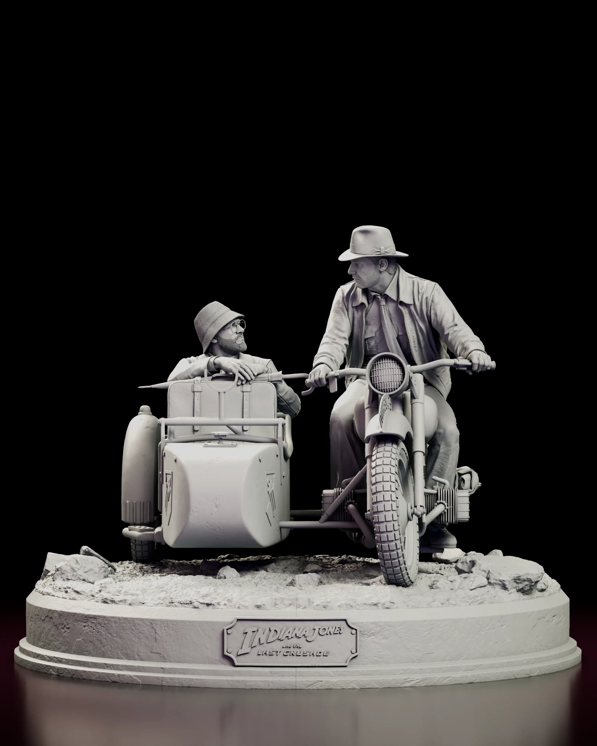 Rotating 360 degree view of the Indiana Jones motorcycle chase figure model kit, with Indiana at the handlebars and Henry Jones Senior in the sidecar on a broken road base