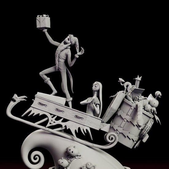 Rotating 360 degree view of the Jack and Sally figure model kit showing Jack Skellington raising a present on his coffin sleigh with Sally seated beside him and a loaded toy crate behind, all mounted on a spiral snow hill with a cobblestone base