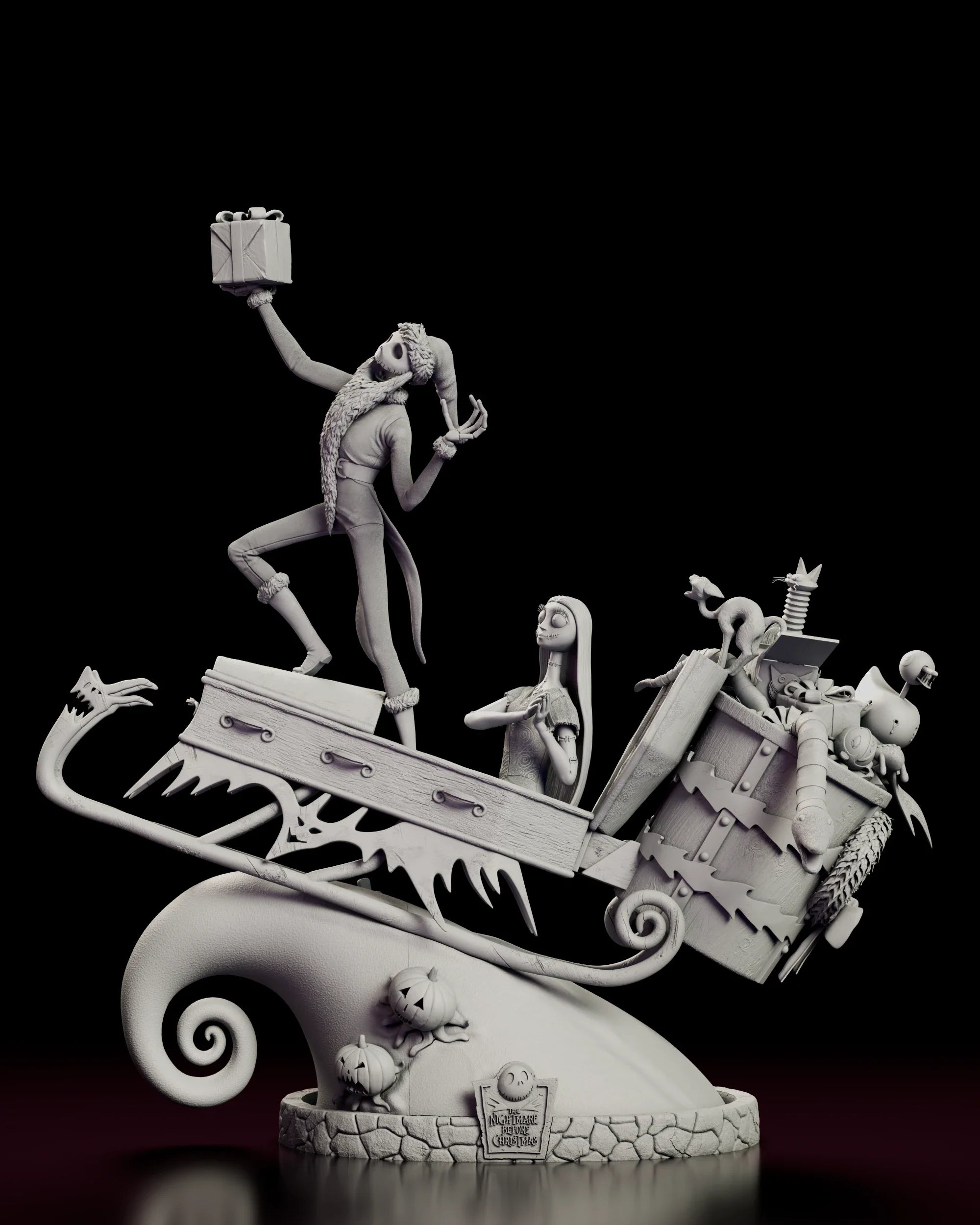 Rotating 360 degree view of the Jack and Sally figure model kit showing Jack Skellington raising a present on his coffin sleigh with Sally seated beside him and a loaded toy crate behind, all mounted on a spiral snow hill with a cobblestone base