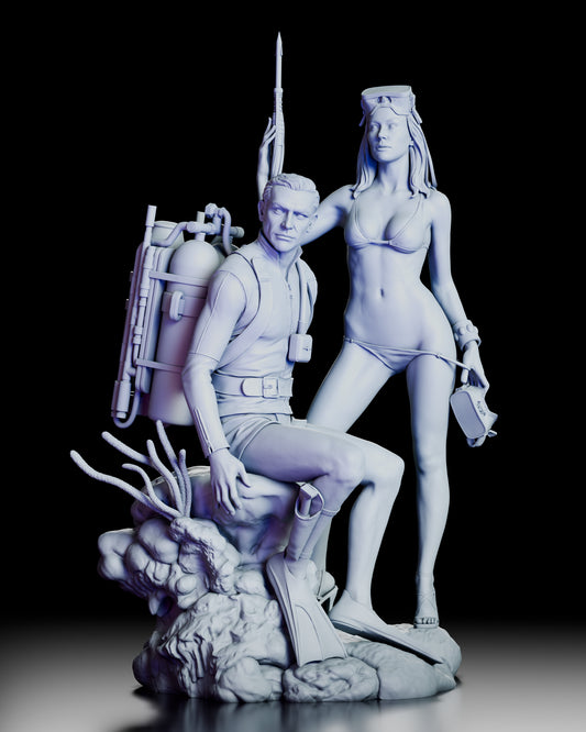 360 degree turntable view of the James Bond Thunderball figure model kit showing Bond seated in detailed scuba gear beside a glamorous Bond girl on a rocky underwater display base with spear gun, tanks, flippers, and coral accents