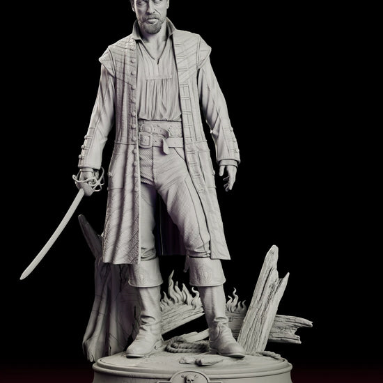Rotating 360 degree view of the James Flint figure model kit, standing in a long quilted coat with his blade lowered over a base of broken ship's timbers, coiled rope and sculpted flames