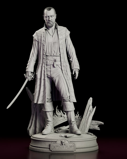 Rotating 360 degree view of the James Flint figure model kit, standing in a long quilted coat with his blade lowered over a base of broken ship's timbers, coiled rope and sculpted flames