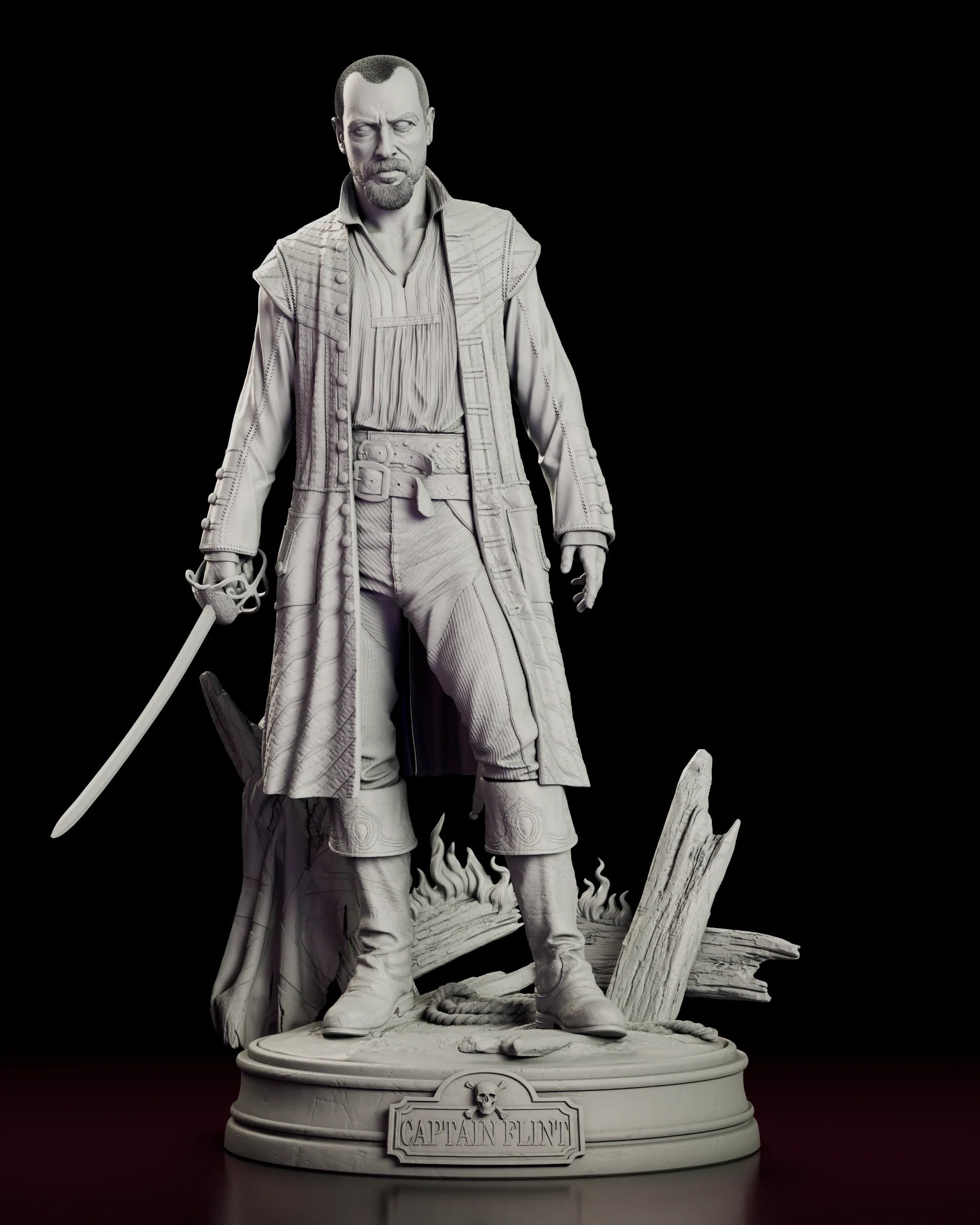 Rotating 360 degree view of the James Flint figure model kit, standing in a long quilted coat with his blade lowered over a base of broken ship's timbers, coiled rope and sculpted flames
